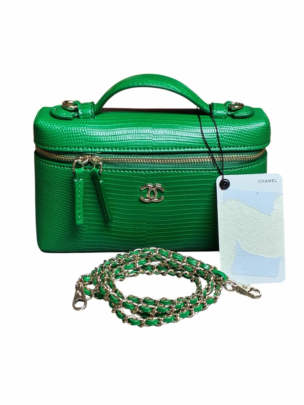 Double C Kelly Green Lizard-Embossed Vanity Bag with Gold - Tone Chain